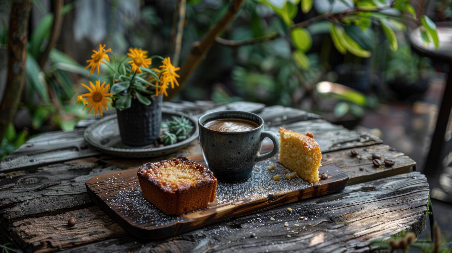 ai gegenereerd een koffie met een kant van citroen pond taart, geserveerd Aan een rustiek houten tafel in een tuin foto