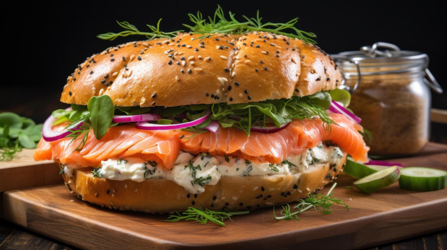 ai gegenereerd een gerookt Zalm broodje, met romig room kaas, rood ui, kappertjes, en dille Aan een bagel foto