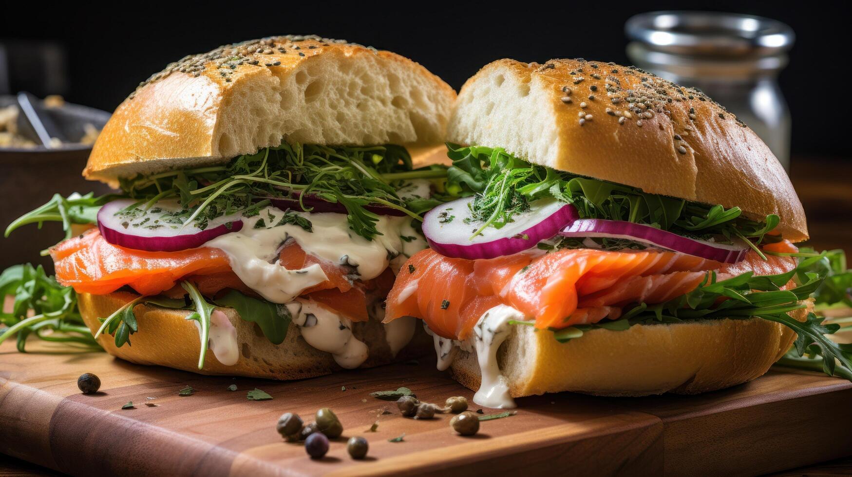 ai gegenereerd een gerookt Zalm broodje, met romig room kaas, rood ui, kappertjes, en dille Aan een bagel foto