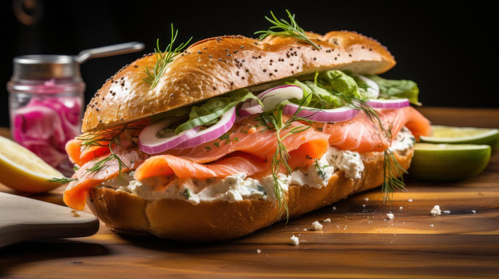 ai gegenereerd een gerookt Zalm broodje, met romig room kaas, rood ui, kappertjes, en dille Aan een bagel foto