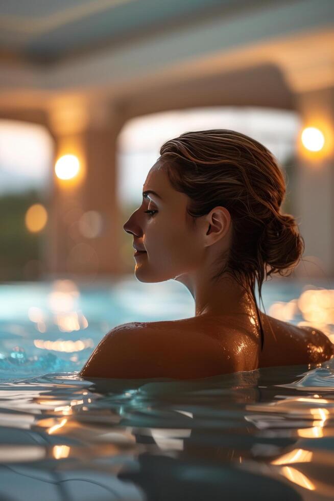 ai gegenereerd een vrouw genieten van een ontspannende tijd in een zwemmen zwembad Bij een spa toevlucht foto