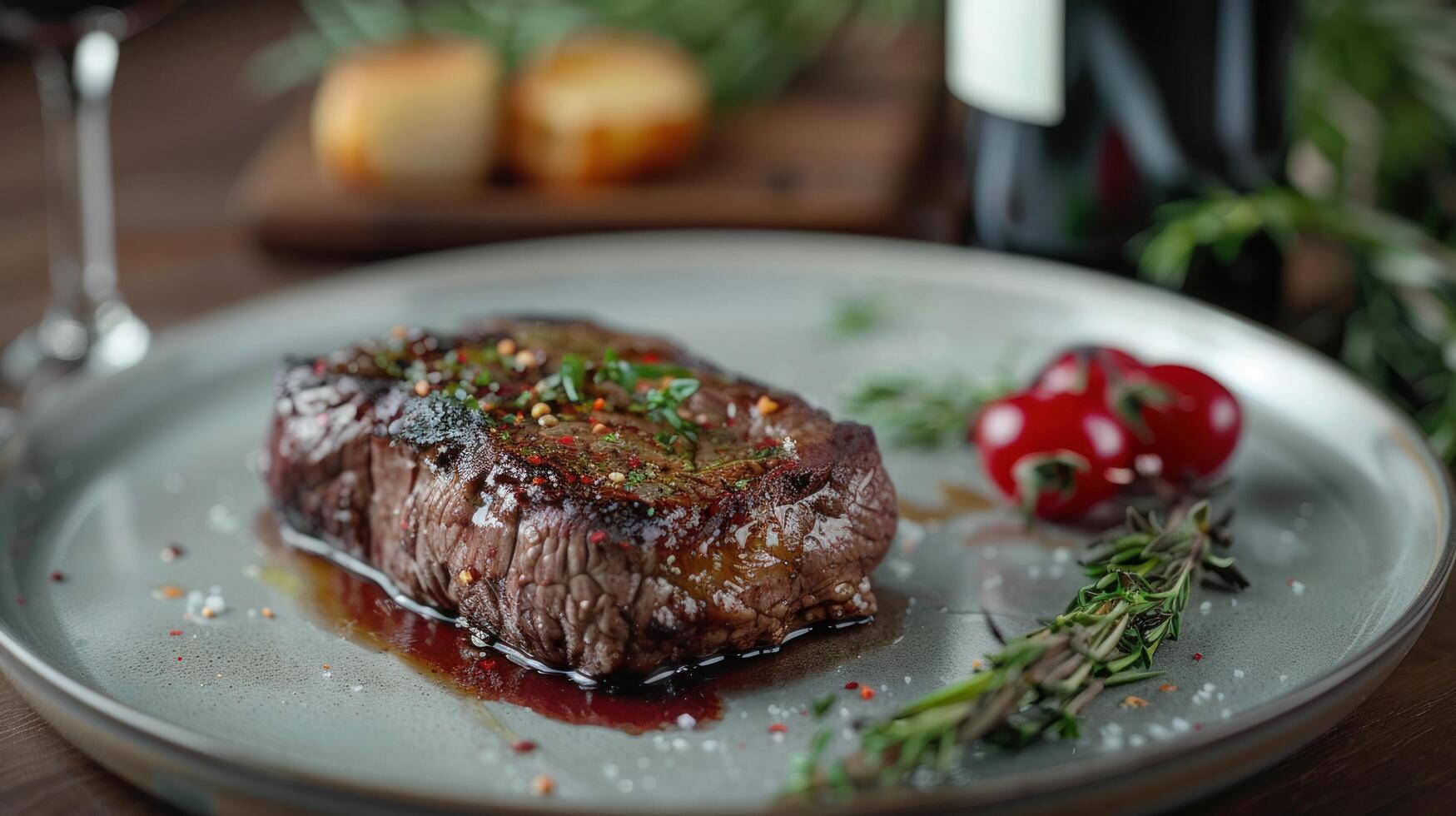 ai gegenereerd een luxueus avondeten elegant gepresenteerd Aan de tafel, vergezeld door een glas van rood wijn foto