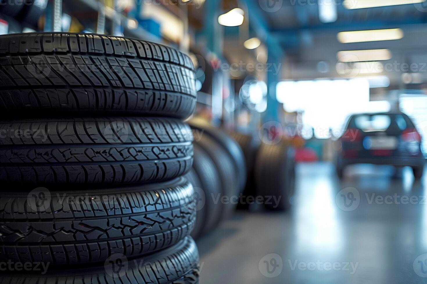 ai gegenereerd een dichtbij omhoog van banden in een auto reparatie winkel foto