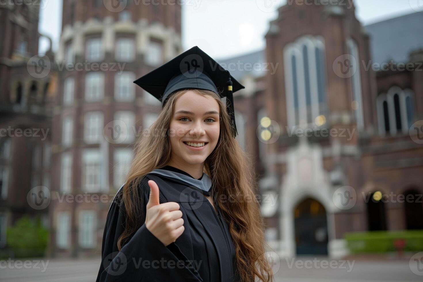 ai gegenereerd een jong vrouw in een diploma uitreiking japon geven de duimen omhoog foto