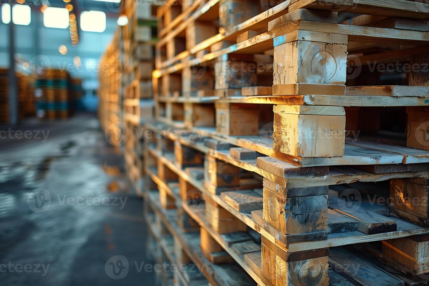 ai gegenereerd houten pallets voor vervoer van goederen in de magazijn Bij zonsondergang foto