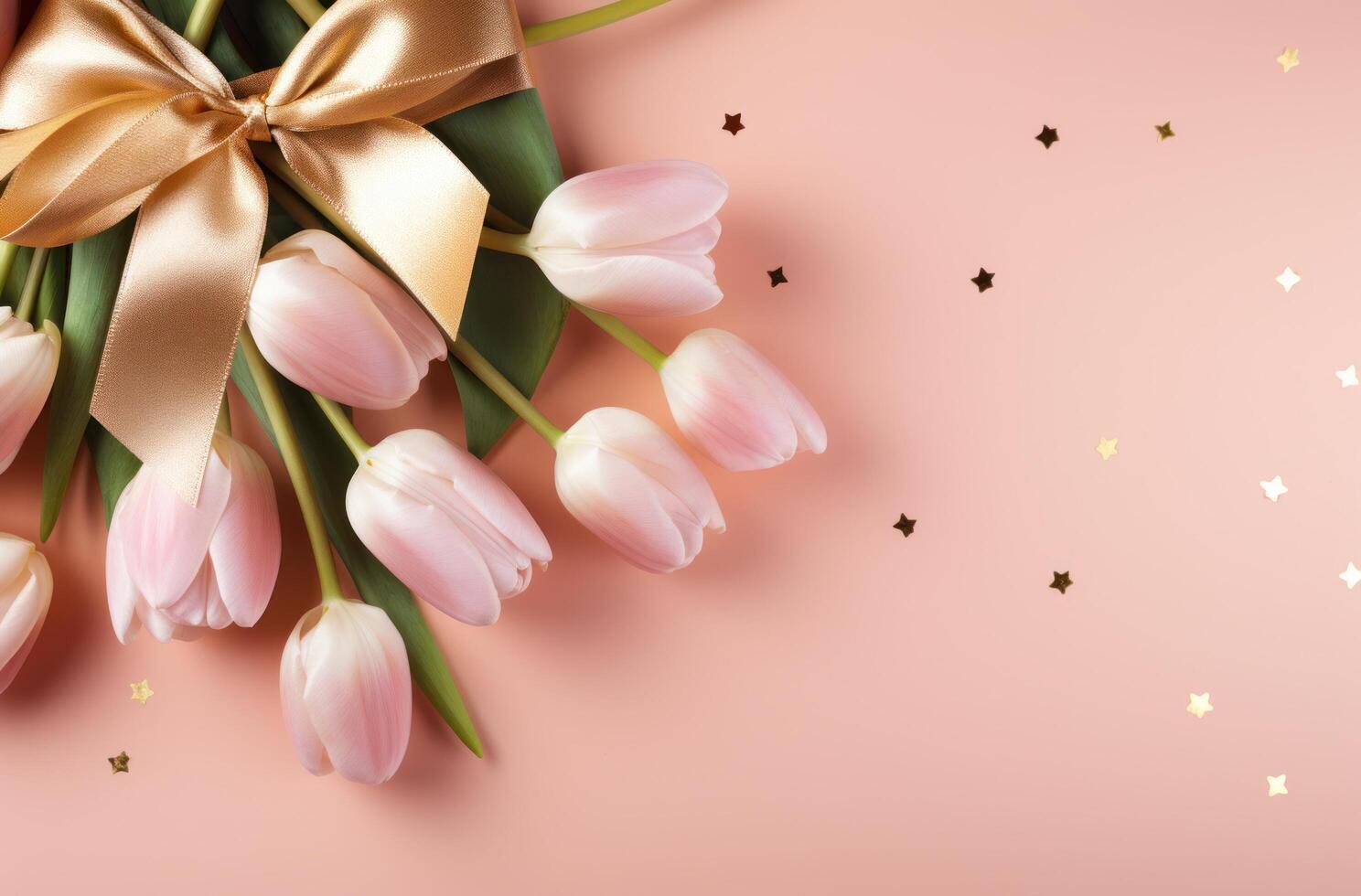 ai gegenereerd roze tulpen, wit boog Aan top van een roze achtergrond foto