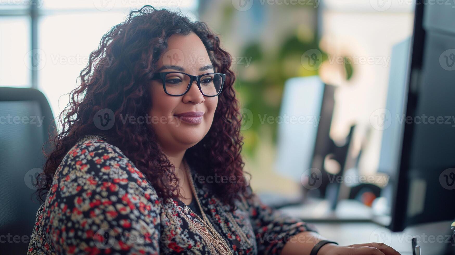 ai gegenereerd een mooi Afrikaanse Amerikaans plus grootte vrouw in de kantoor werken in de computer foto