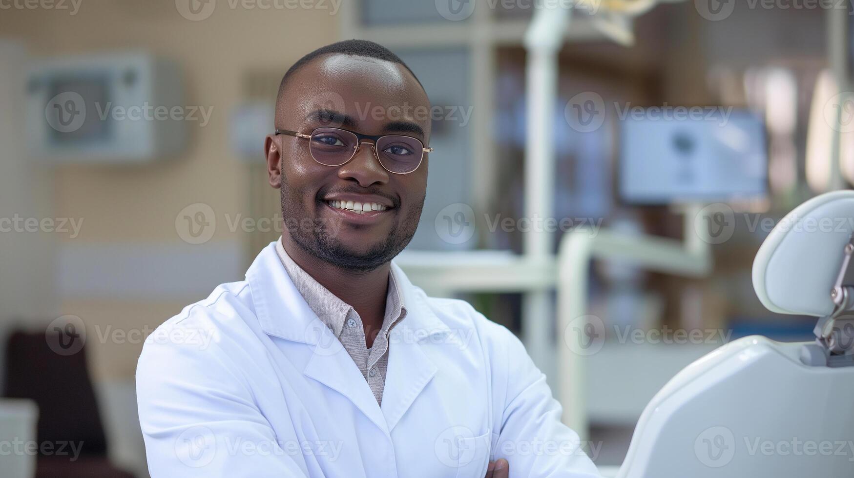 ai gegenereerd portret van een grijnzend knap zelfverzekerd Afrikaanse mannetje dokter in een tandheelkundig kliniek kantoor, ruimte voor tekst. foto