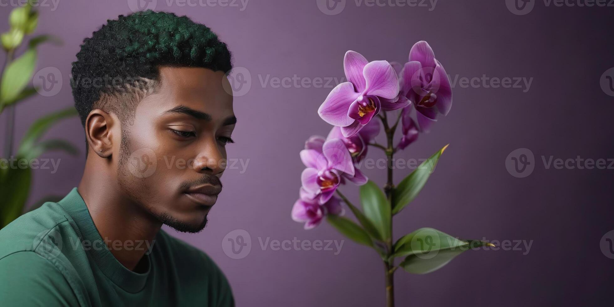 ai gegenereerd foto van een slaperig Afrikaanse Amerikaans mannetje model- met een donker groen haar- geïsoleerd Aan een vlak wazig orchidee achtergrond met kopiëren ruimte banier sjabloon. ai gegenereerd