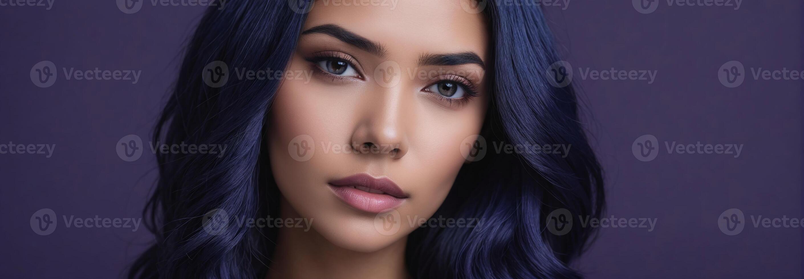 ai gegenereerd middenschot portret foto van een smoorverliefd mooi vrouw model- met een donker blauw haar- geïsoleerd Aan een donkerviolet achtergrond met kopiëren ruimte banier sjabloon. ai gegenereerd