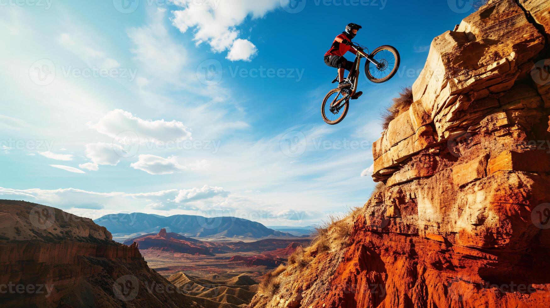 ai gegenereerd een berg fietser stijgend door de lucht tegen een adembenemend bergachtig backdrop foto