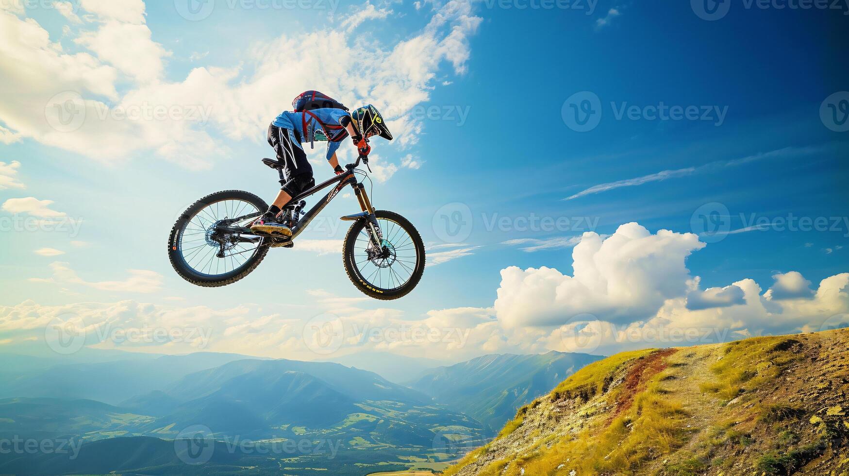 ai gegenereerd een berg fietser stijgend door de lucht tegen een adembenemend bergachtig backdrop foto