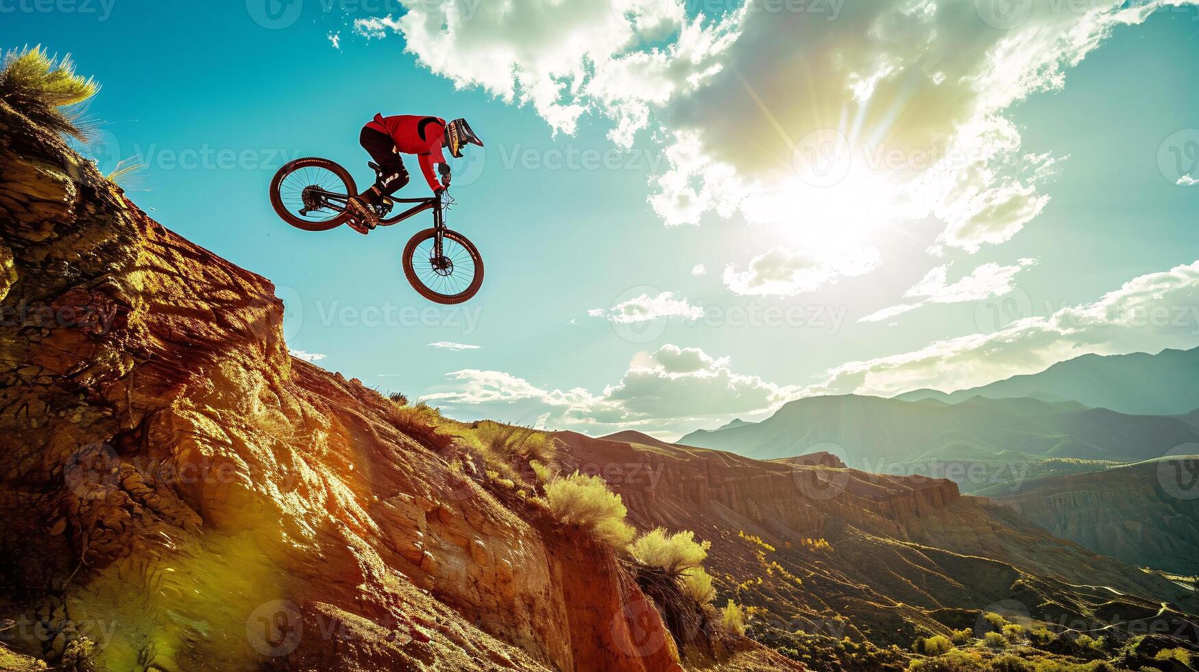 ai gegenereerd een berg fietser stijgend door de lucht tegen een adembenemend bergachtig backdrop foto