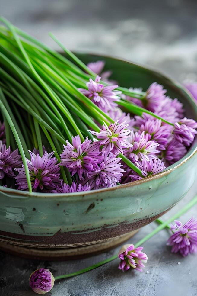 ai gegenereerd Purper elegantie macro schoten van bieslook bloesems foto