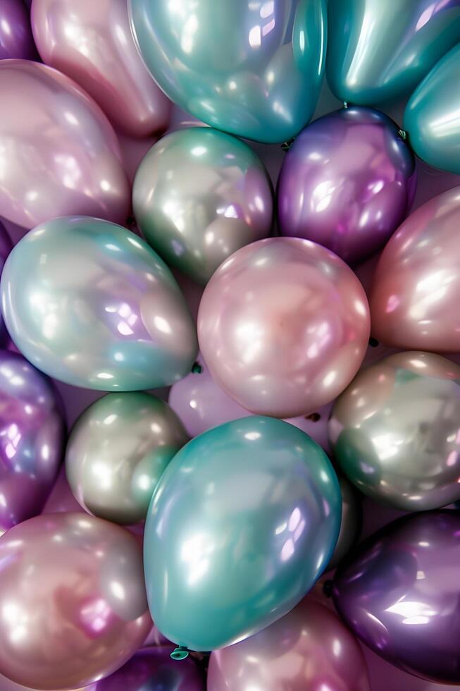 ai gegenereerd chique viering metalen en pastel ballonnen creëren een levendig achtergrond foto