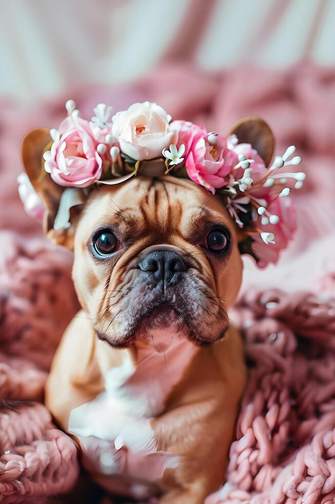 ai gegenereerd bloem gekroond hond met roze accenten foto
