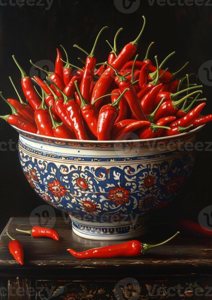 ai gegenereerd rood heet Chili paprika's in Chinese kom foto