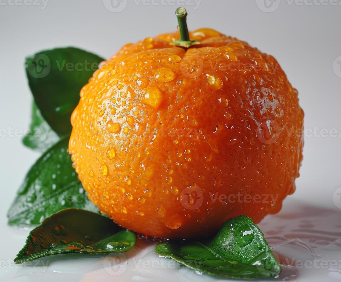 ai gegenereerd oranje met bladeren en water druppels Aan wit achtergrond foto