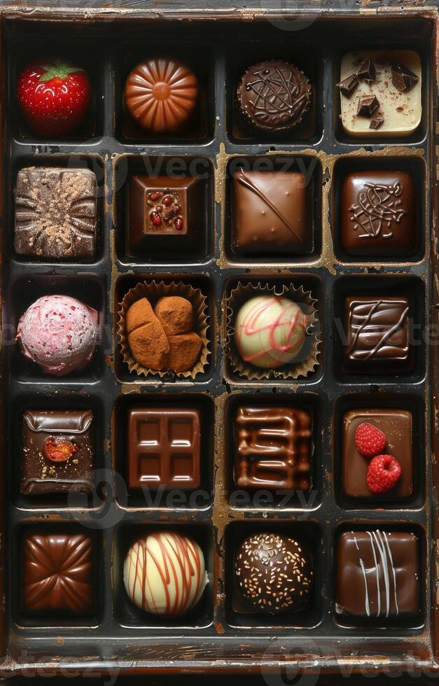 ai gegenereerd een zwart doos met verschillend soorten van chocolaatjes foto