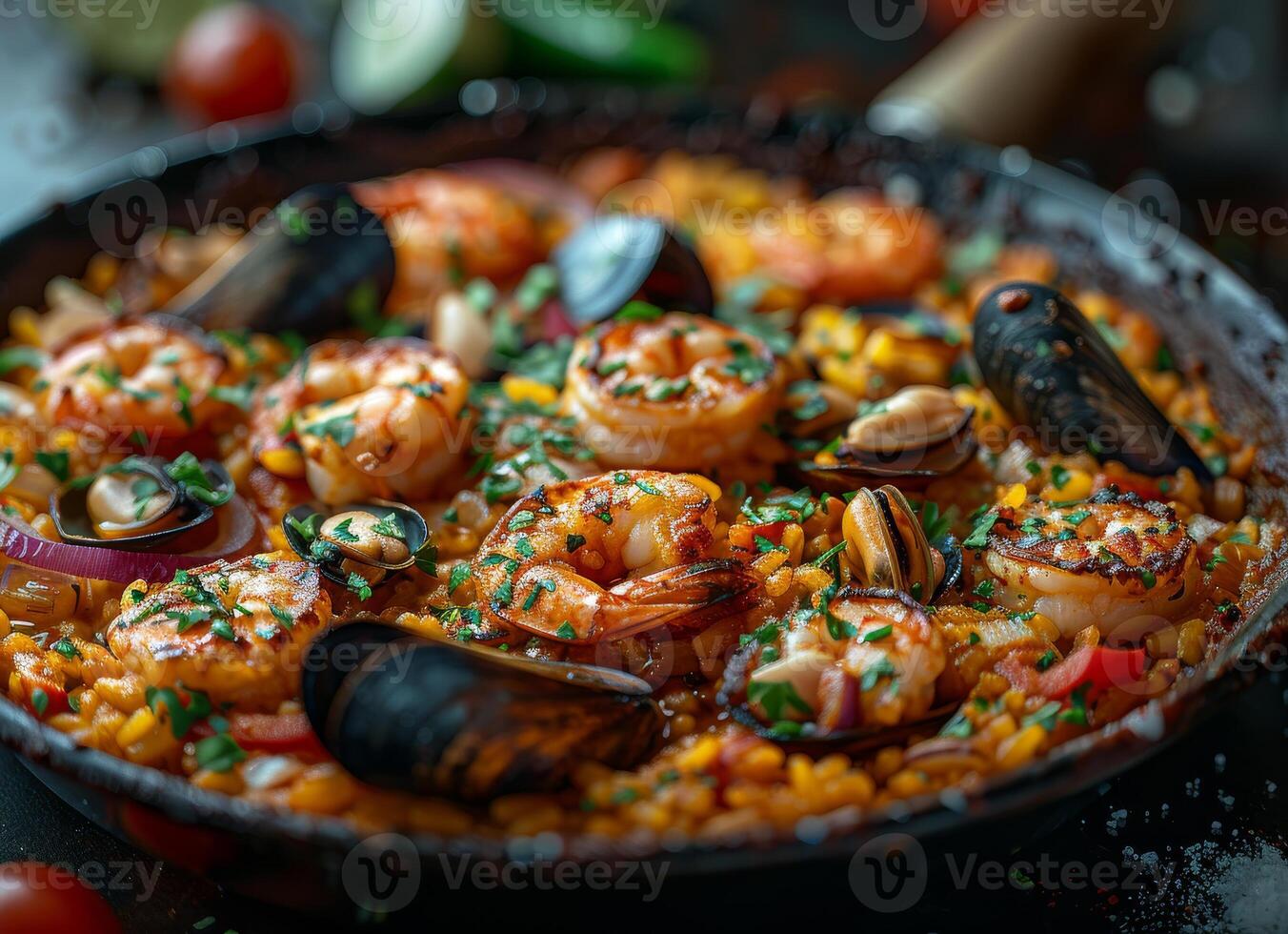 ai gegenereerd traditioneel zeevruchten paella in de bakken pan foto