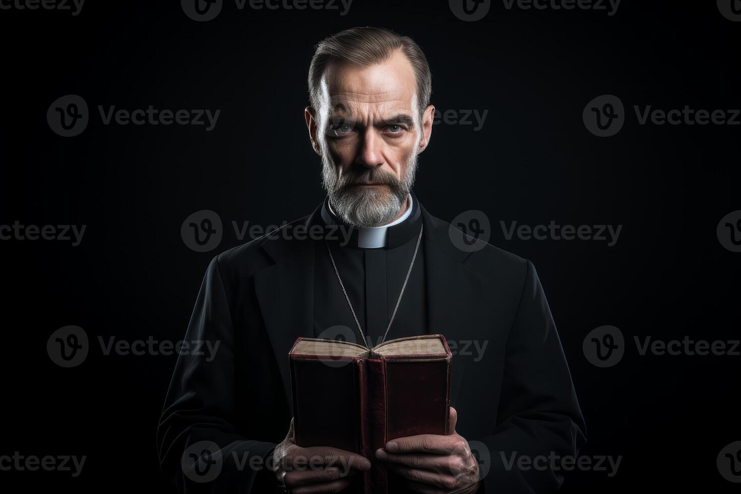 ai gegenereerd mysterieus priester met Bijbel Aan zwart achtergrond. genereren ai foto