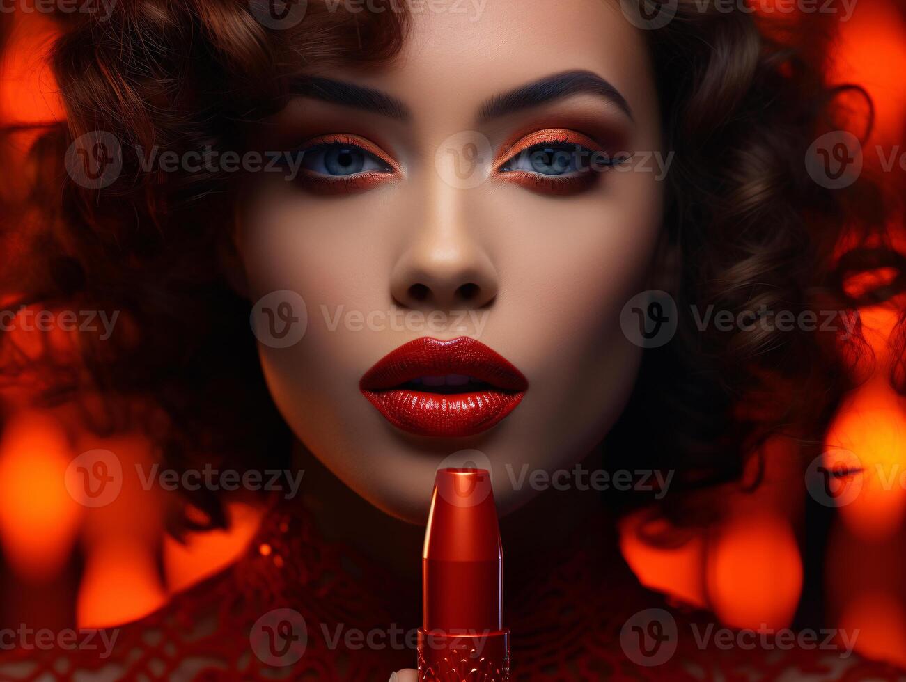 ai gegenereerd vrouw toepassen rood lippenstift foto