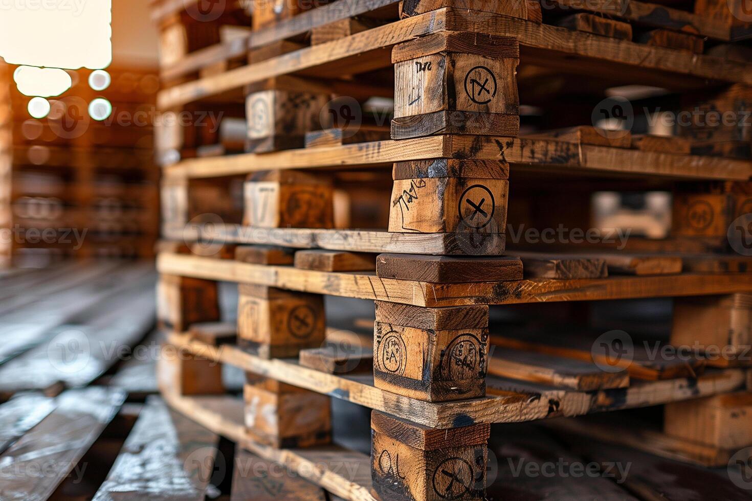 ai gegenereerd houten pallets voor vervoer van goederen in de magazijn Bij zonsondergang foto