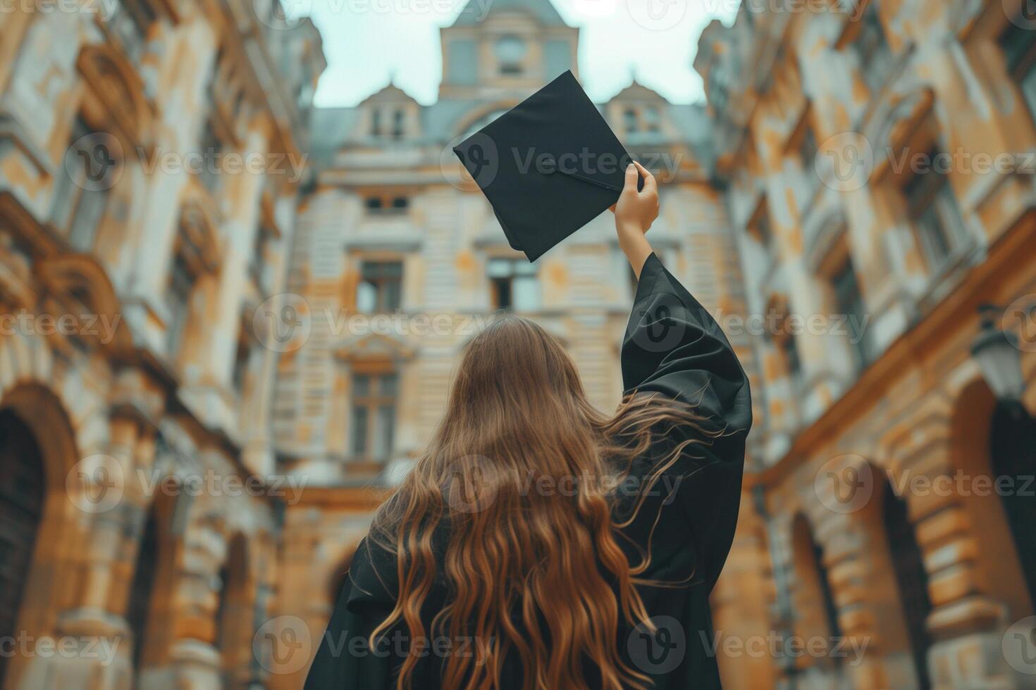 ai gegenereerd een leerling meisje in een zwart gewaad gooit omhoog een zwart rechthoekig leerling hoed tegen de achtergrond van de Universiteit foto