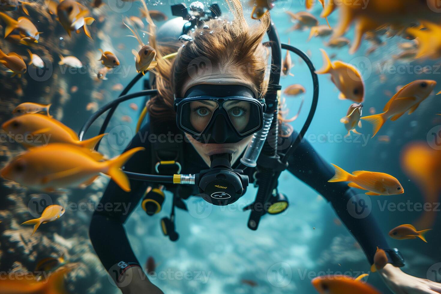 ai gegenereerd een vrouw scuba duiker zwemt onderwater- tussen veel exotisch vis foto