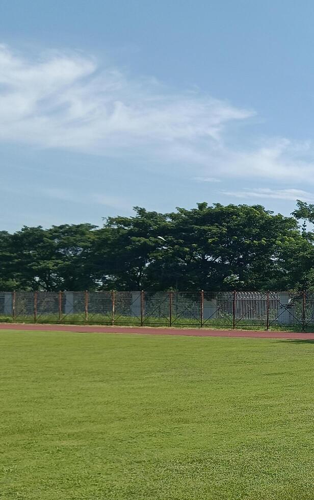 ochtend- kalmte, een perspectief Aan de voetbal veld- foto