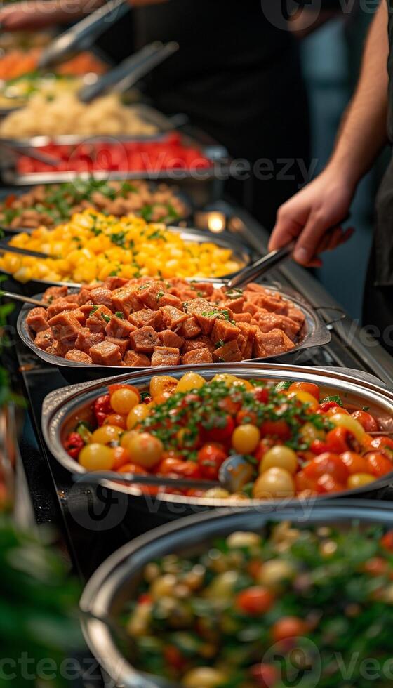 ai gegenereerd verzorgd buffet genot groep dining Aan vlees en vers produceren foto