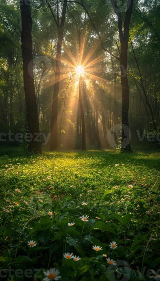 ai gegenereerd zomer zonneschijn in de bossen Woud landschap met bloemen foto