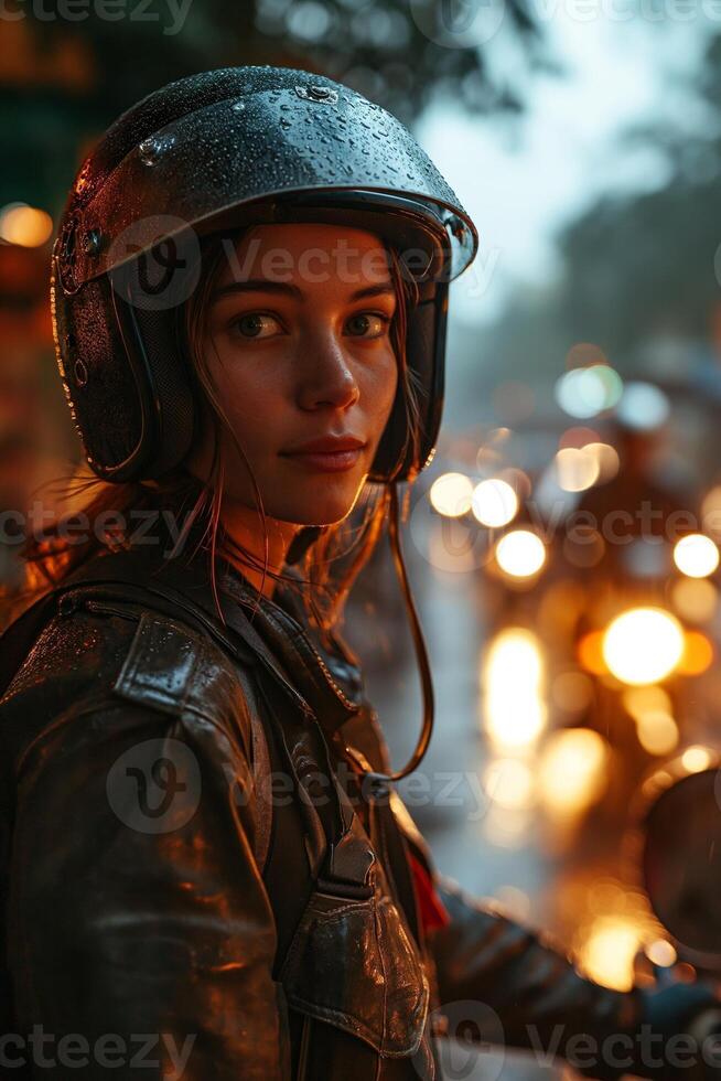 ai gegenereerd portret van een jong fietser vrouw in regenachtig weer foto