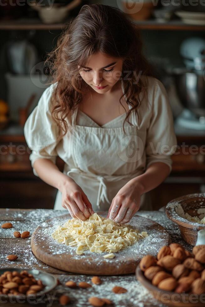 ai gegenereerd vrouw Koken koekjes met amandelen in de keuken foto