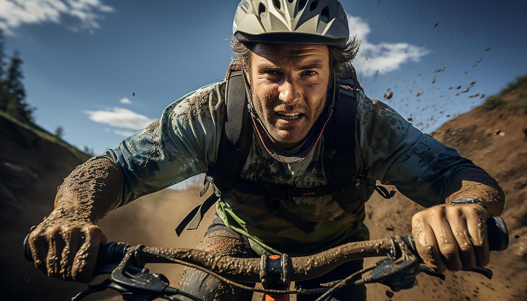 ai gegenereerd een glimlachen fietser races door natuur, omarmen de avontuur gegenereerd door ai foto