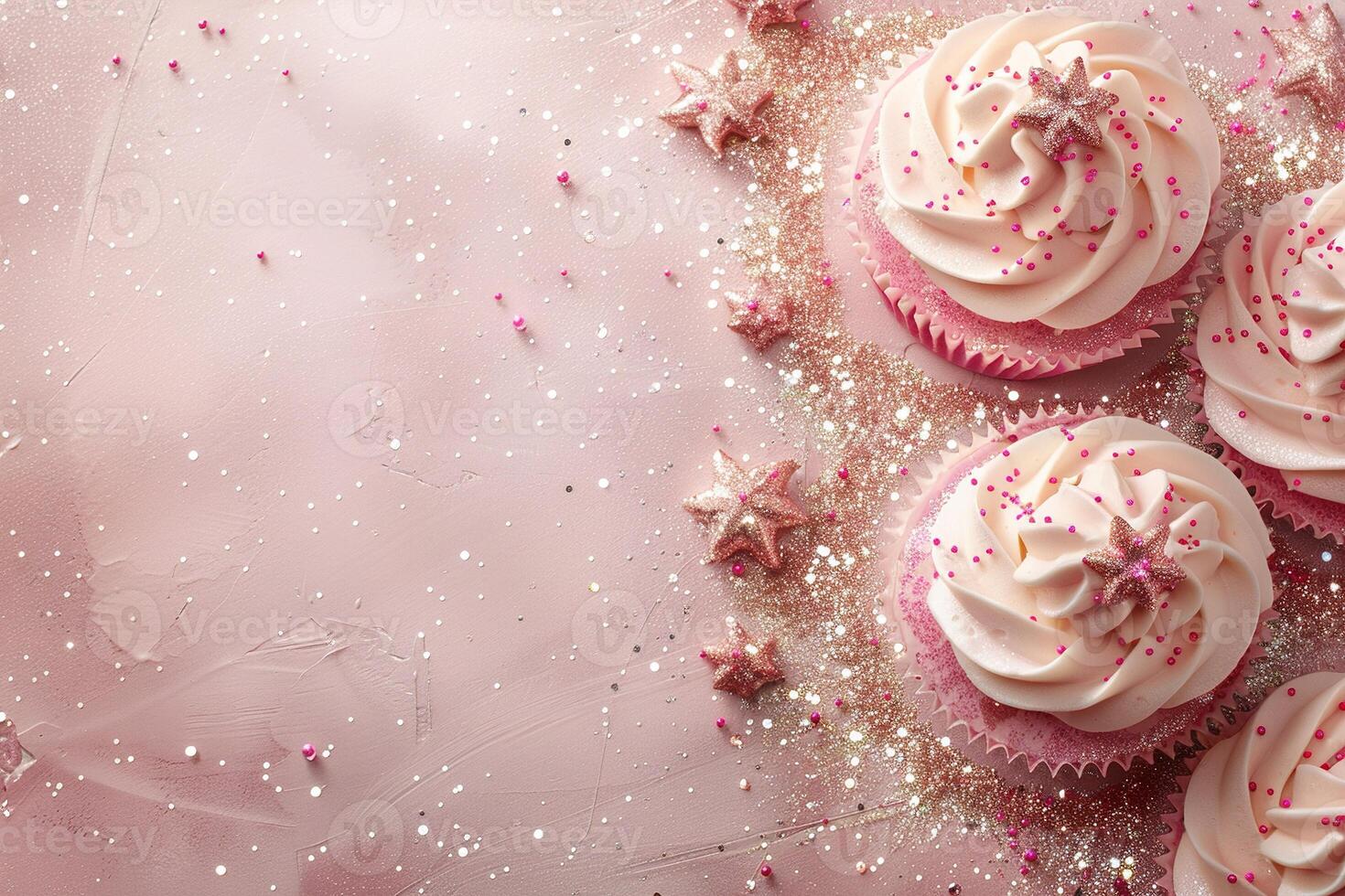 ai gegenereerd roze achtergrond met elegant glinsterende cupcakes, kopiëren ruimte. vrouwen dag. haar een meisje backdrop met leeg ruimte. baby douche of verjaardag uitnodiging, feest. baby meisje geboorte Aankondiging. foto