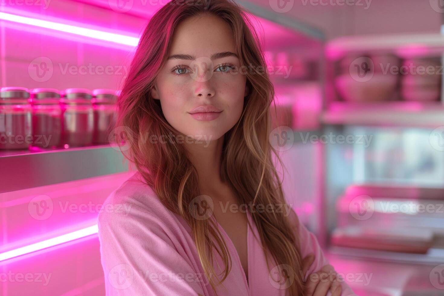 ai gegenereerd mooi vrouw in modern roze keuken interieur in roze kleuren foto