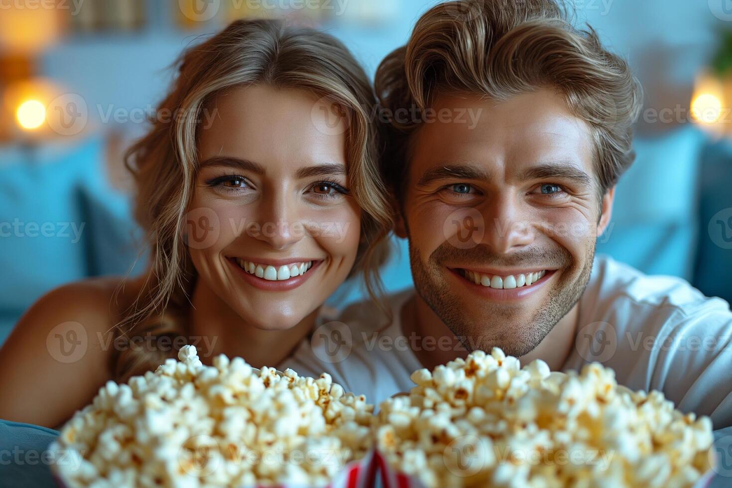 ai gegenereerd Mens en vrouw aan het kijken TV, zittend Aan sofa in blauw leven kamer, aan het eten popcorn foto