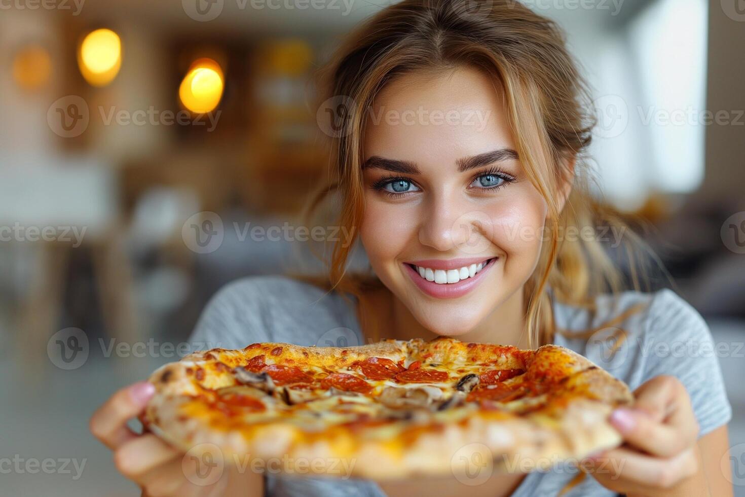 ai gegenereerd jong mooi vrouw met pizza foto