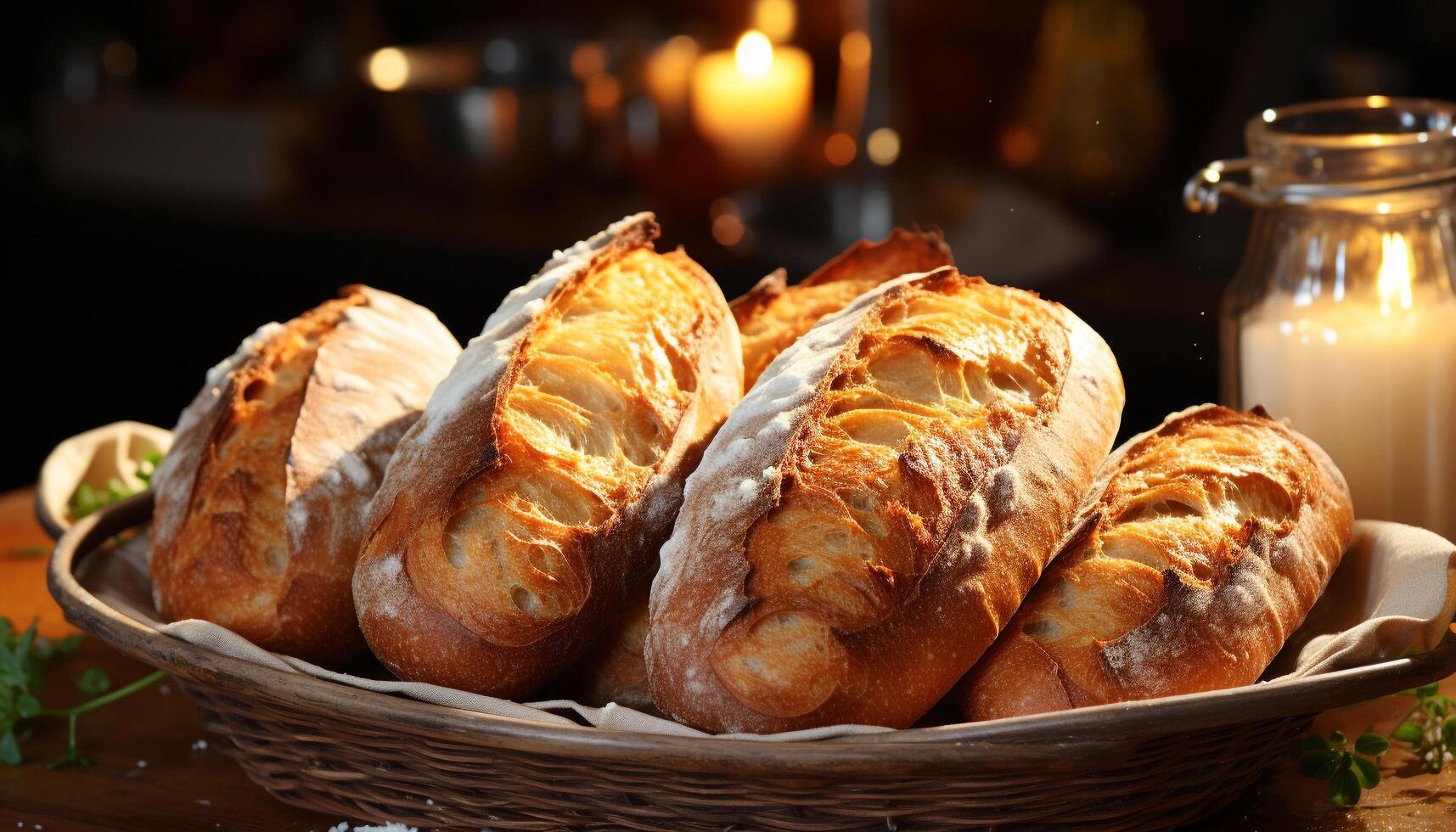 ai gegenereerd vers gebakken brood Aan een houten tafel, een fijnproever eigengemaakt maaltijd gegenereerd door ai foto