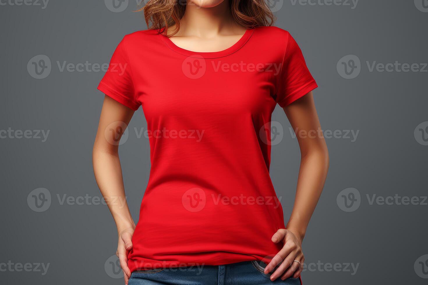 ai gegenereerd levendig rood t-shirt mockup vrouw. genereren ai foto