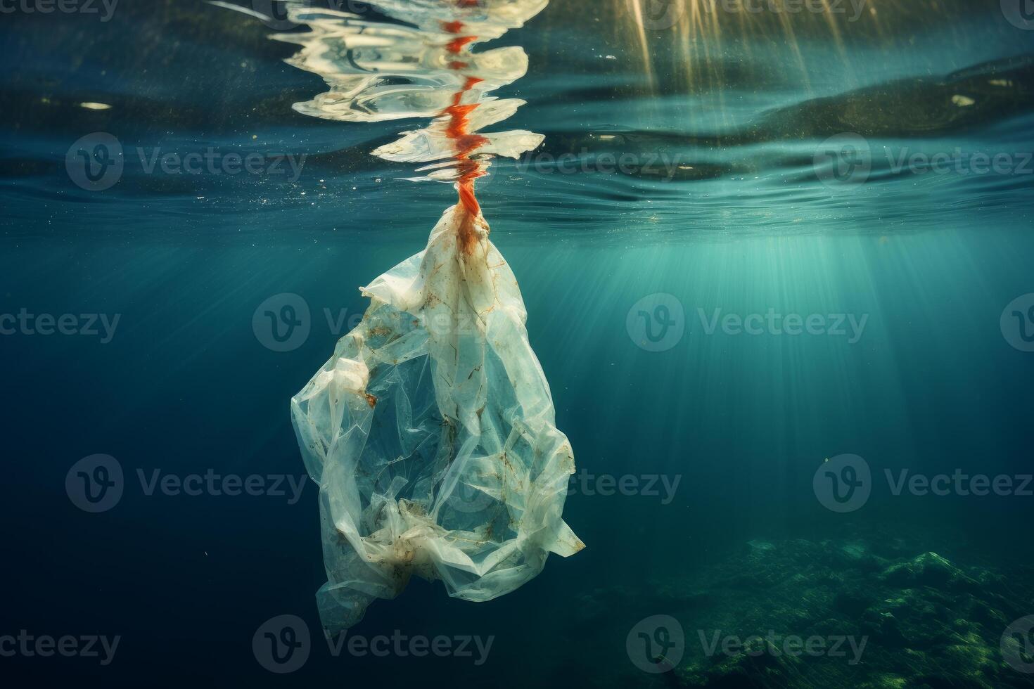 ai gegenereerd plastic zak oceaan ecologie afval. genereren ai foto