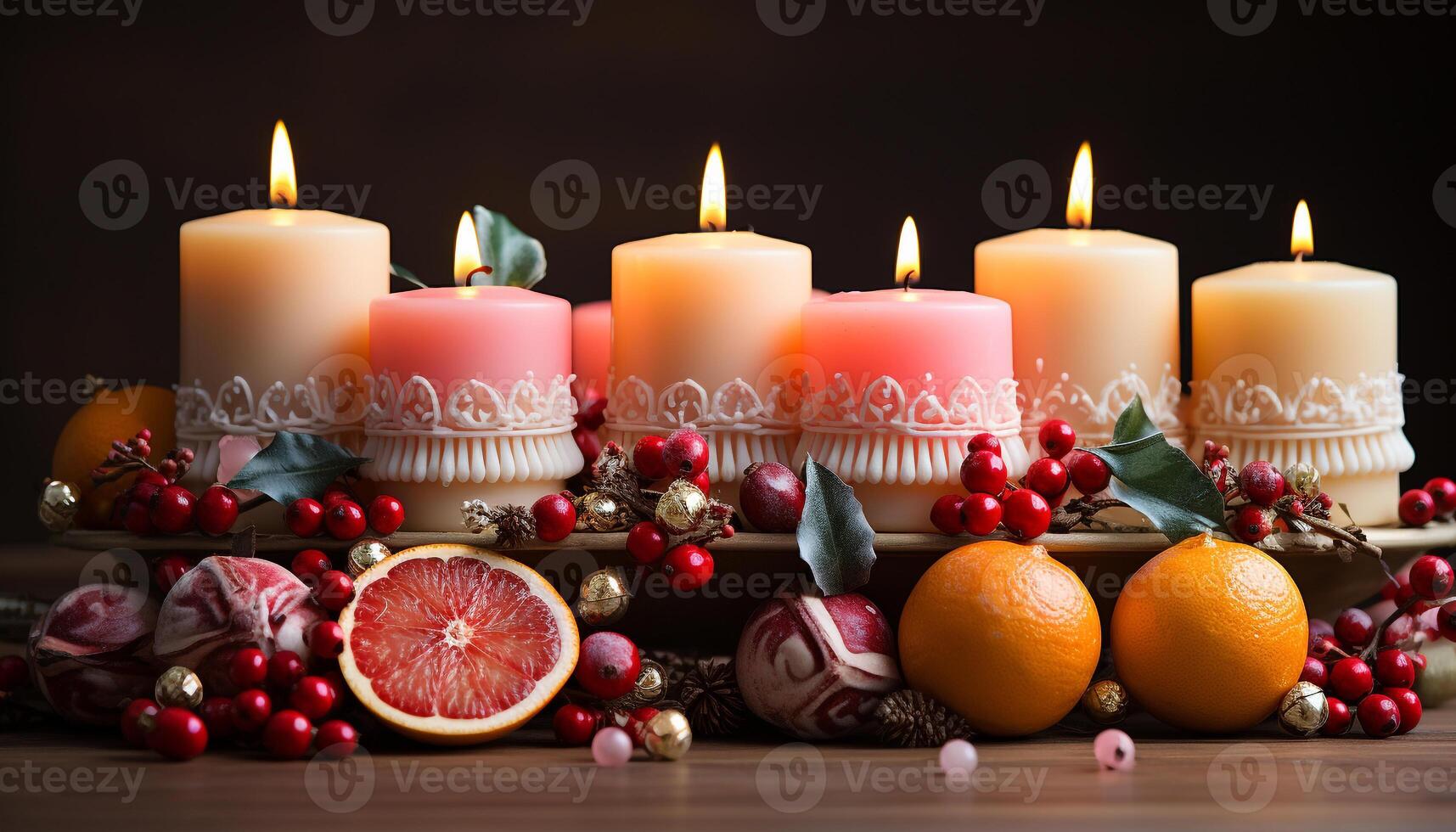 ai gegenereerd brandend kaars verlicht tafel met oranje fruit, winter viering gegenereerd door ai foto