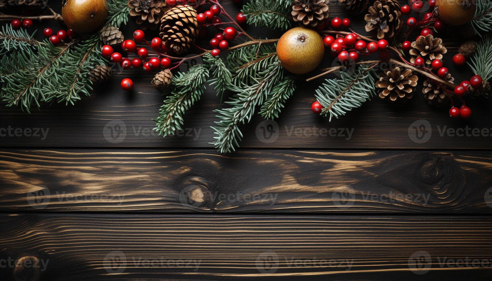 ai gegenereerd rustiek hout tafel versierd met glimmend Kerstmis ornamenten en cadeaus gegenereerd door ai foto