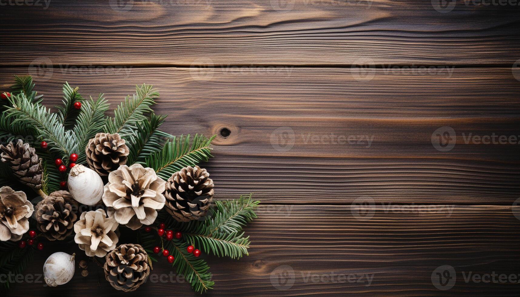 ai gegenereerd winter viering rustiek hout decor, groenblijvend boom, sneeuwvlok ornament, donker backdrop gegenereerd door ai foto