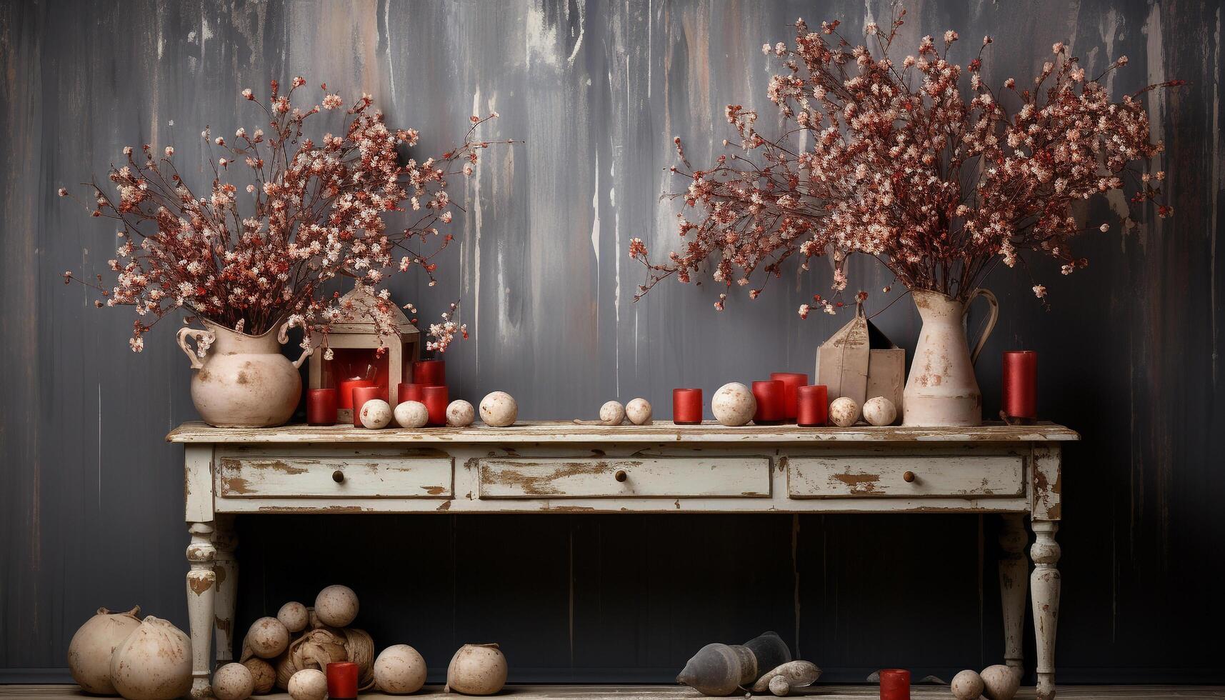 ai gegenereerd houten vaas Aan tafel, versierd met eigengemaakt pottenbakkerij en bloemen gegenereerd door ai foto