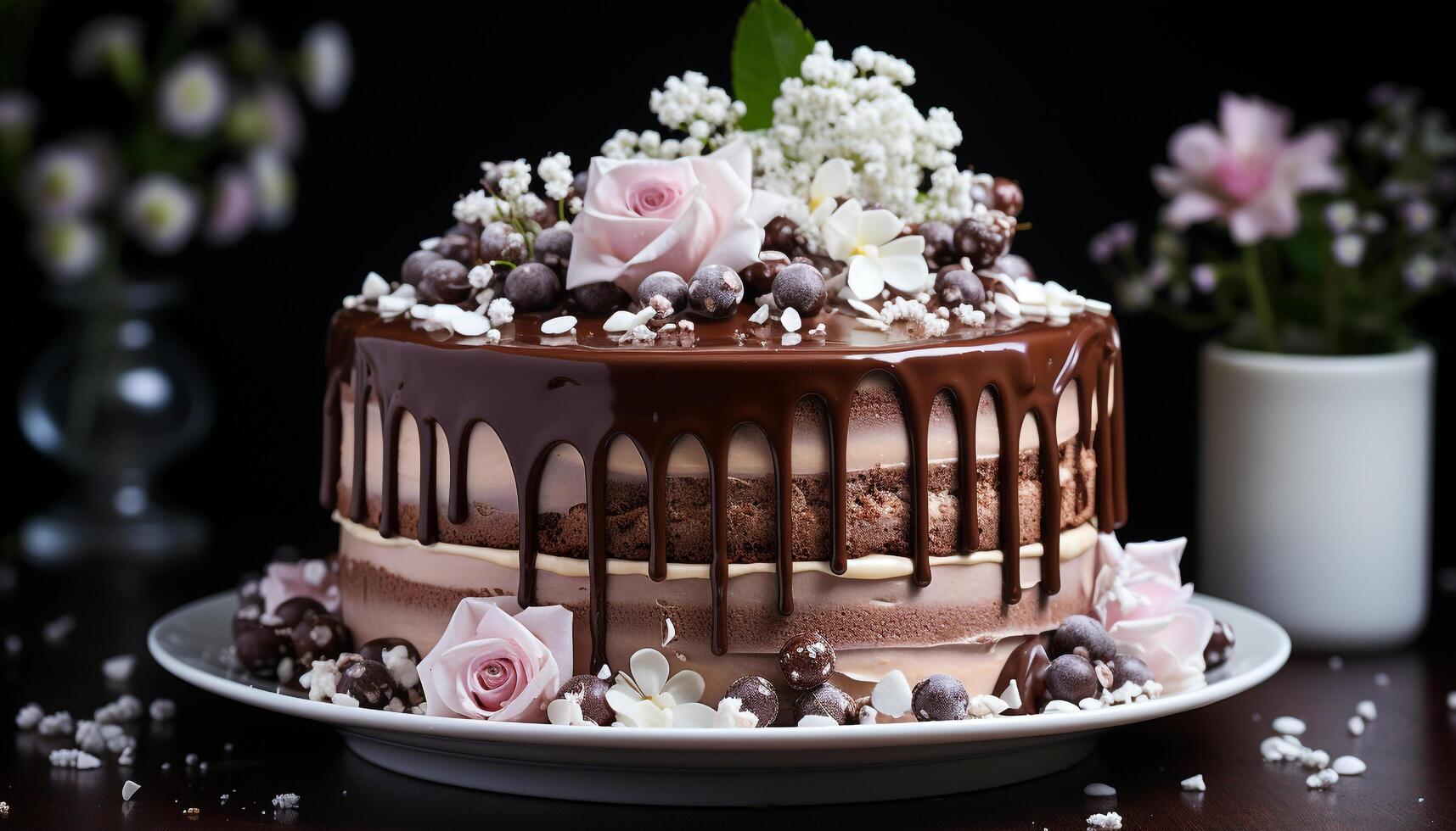 ai gegenereerd een decadent chocola taart versierd met vers aardbeien en room gegenereerd door ai foto
