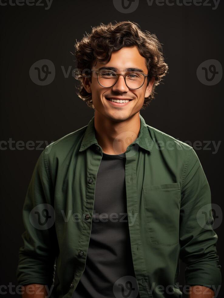 ai gegenereerd foto van een jong aantrekkelijk glimlachen Mens in bril en groen t-shirt. donker achtergrond. foto voor banier, reclame