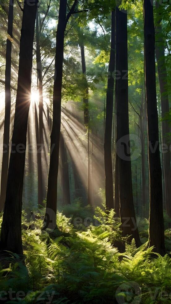 ai gegenereerd betoverd Woud zonlicht filteren door dicht luifel van bomen foto