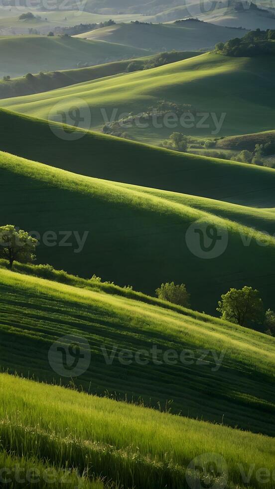 ai gegenereerd rollend heuvels groen groen velden uitrekken naar de horizon foto
